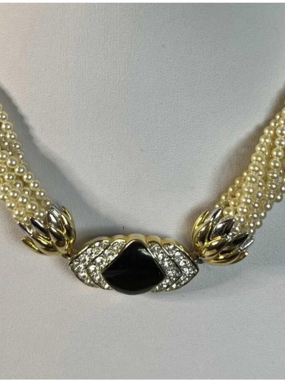 Vintage Multi-Strand Faux Pearl Necklace with Black Enamel front clasp Necklace - Picture 6 of 15